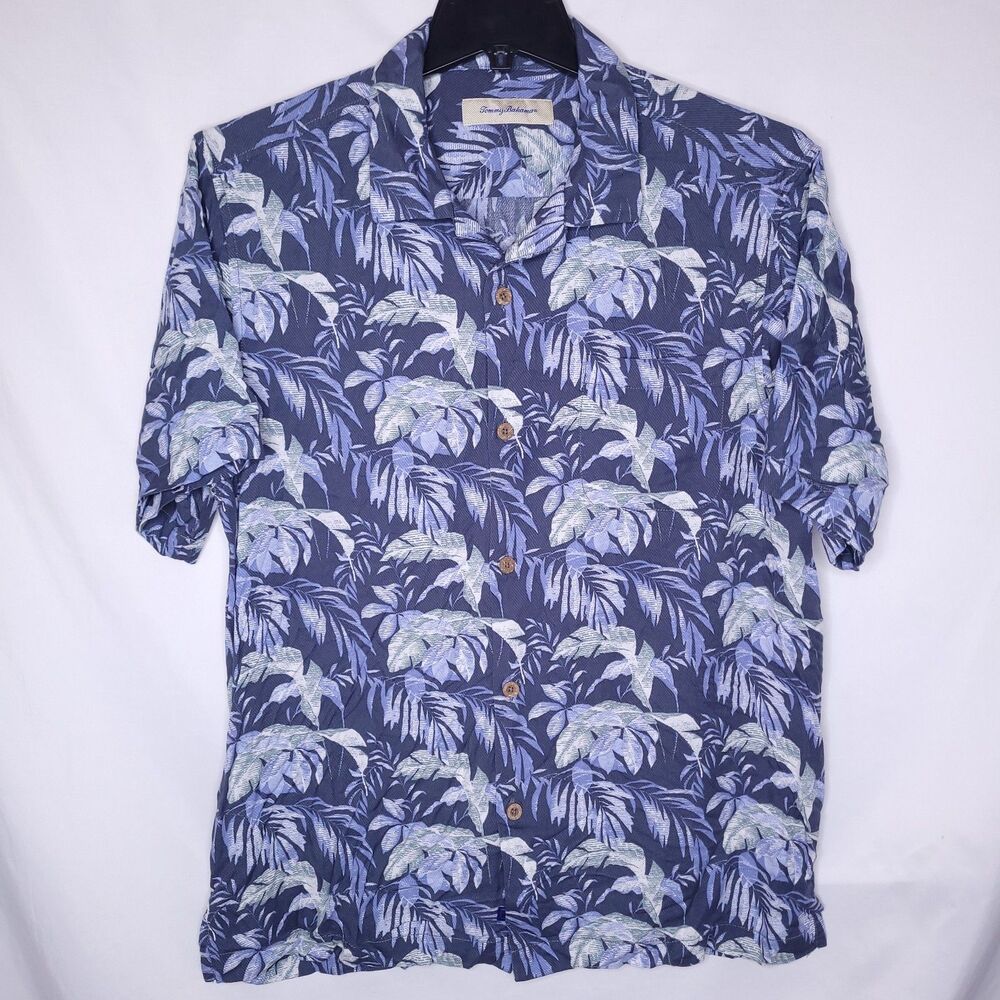Tommy Bahama Shirt Mens Large Blue Whispy Leaves Camp Tropical